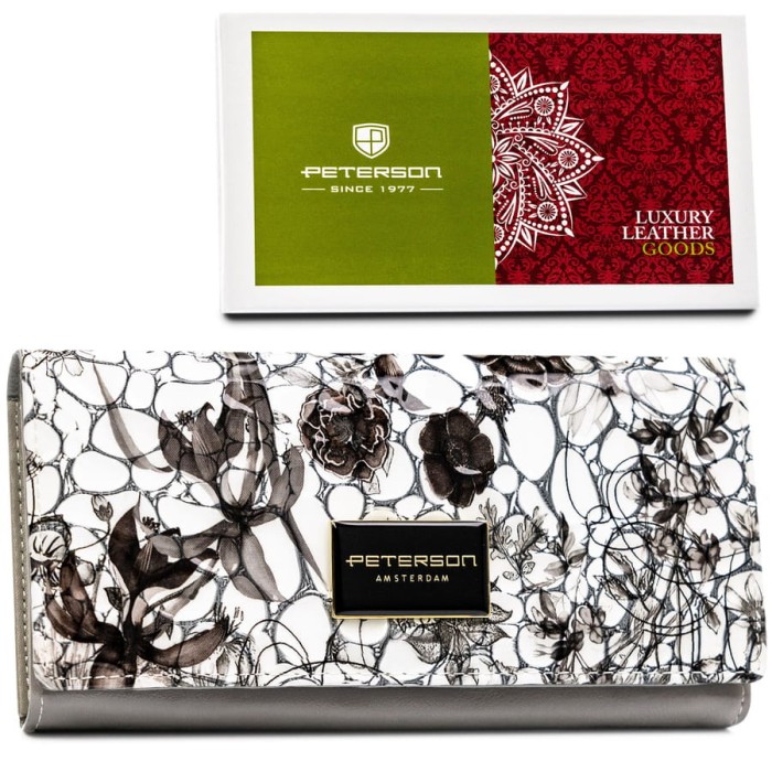 Duży, poziomy portfel damski na zatrzask, wykonany z lakierowanej skóry naturalnej w kwiatowy wzór - Peterson