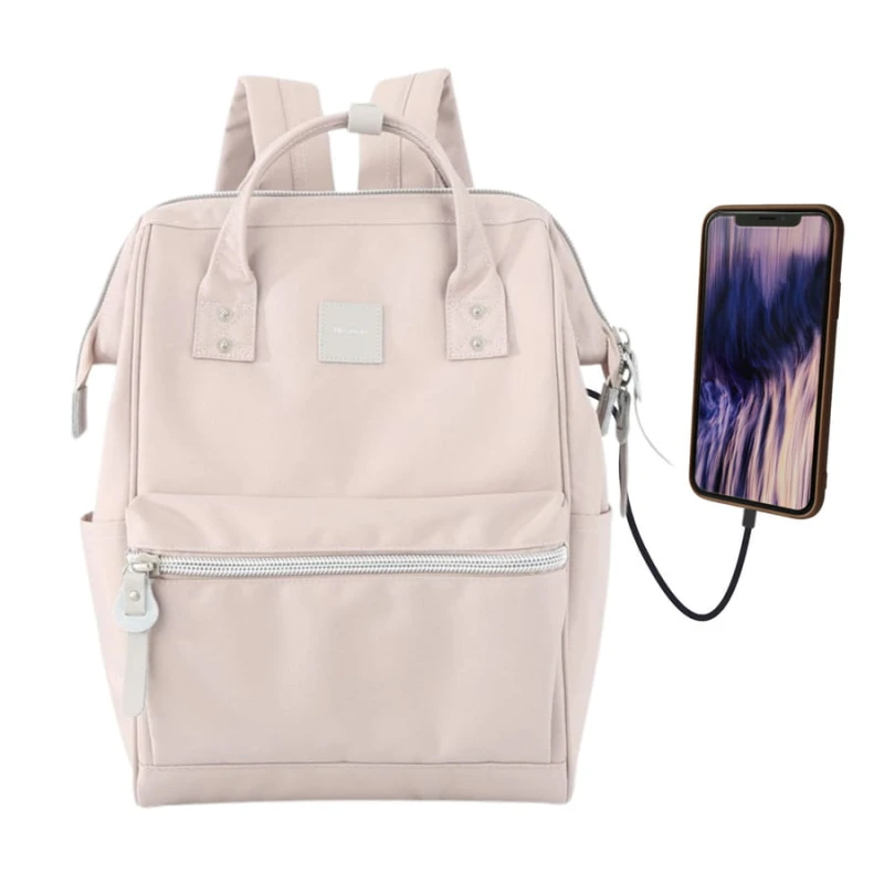 Plecak w kolorze pudrowego różu zawieszony na regulowanych szelkach i wyposażony w port USB - Himawari