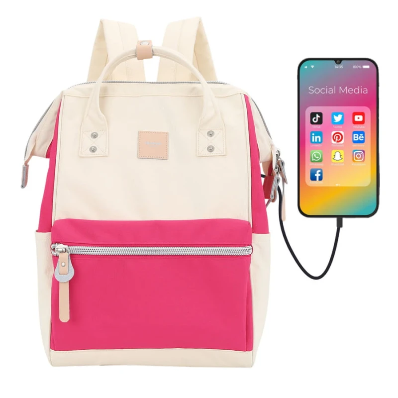 Różowo-ecru plecak miejski z miejscem na laptopa i portem USB - Himawari