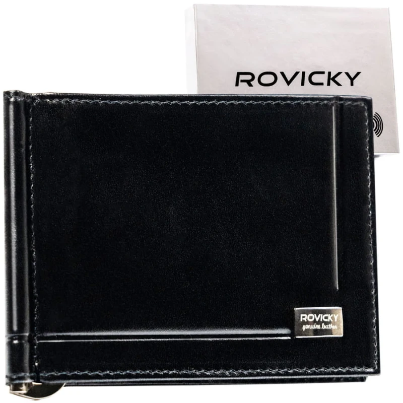 Elegancka banknotówka męska ze skóry naturalnej w czarnym kolorze - Rovicky