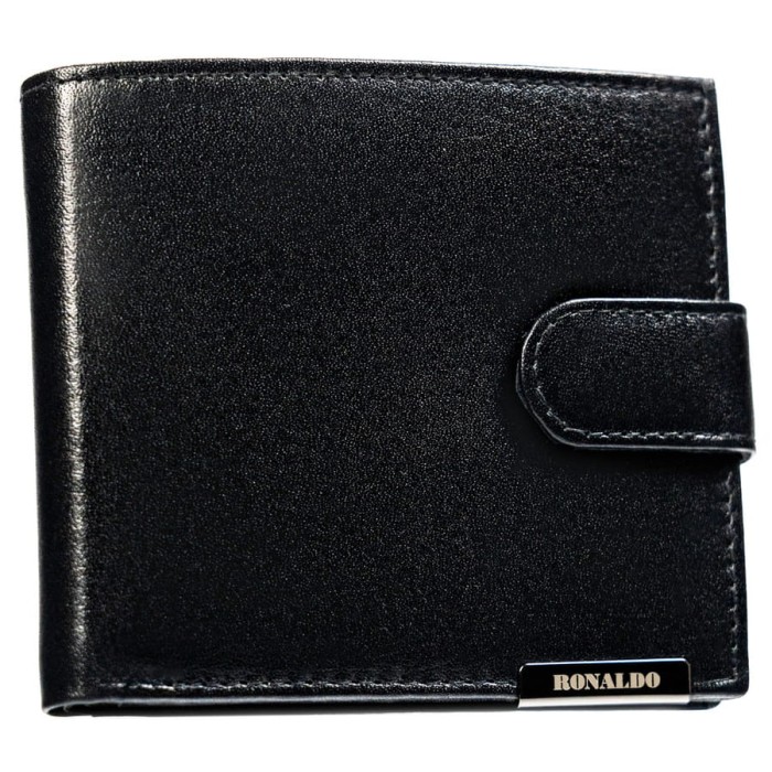 Czarny, poziomy, pojemny portfel męski ze skóry naturalnej zamykany zatrzaskiem - Ronaldo