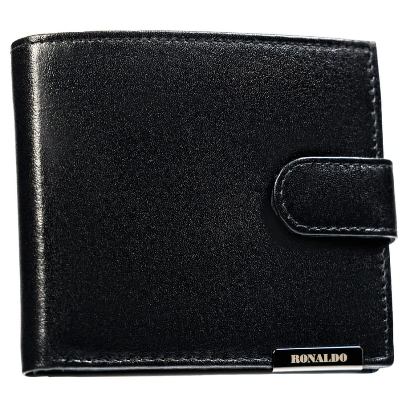 Czarny, poziomy, pojemny portfel męski ze skóry naturalnej zamykany zatrzaskiem - Ronaldo