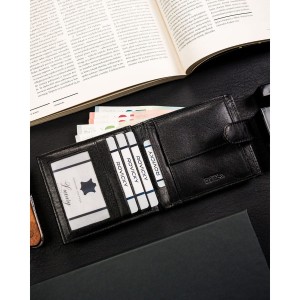 Czarny, poziomy, pojemny portfel męski ze skóry naturalnej zamykany zatrzaskiem - Ronaldo