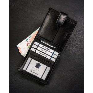 Czarny, poziomy, pojemny portfel męski ze skóry naturalnej zamykany zatrzaskiem - Ronaldo