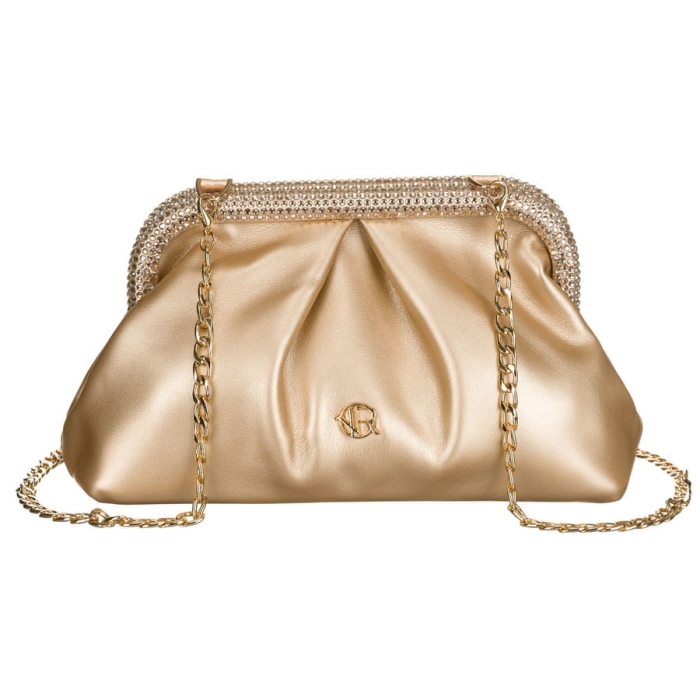 Złota kopertówka Rovicky z łańcuszkiem – widok z przodu