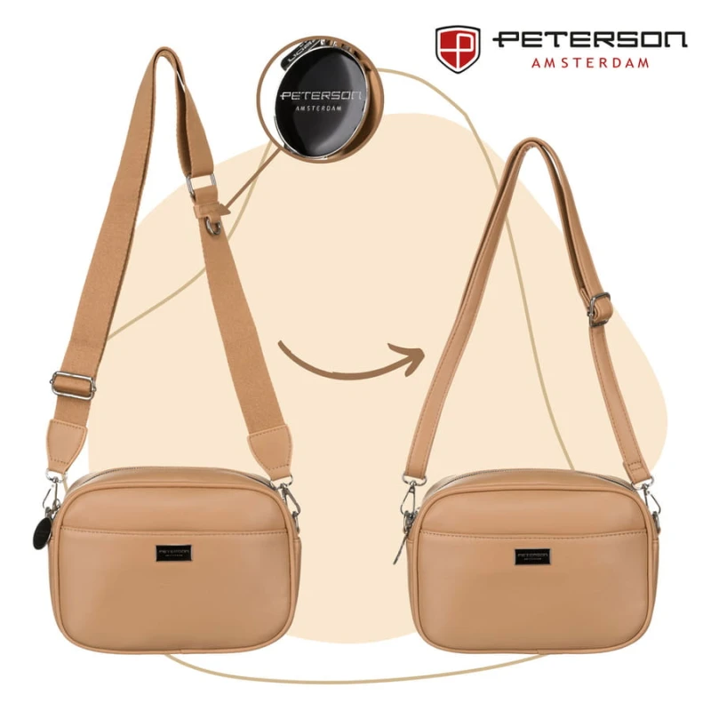 Miejska, beżowa listonoszka damska ze skóry ekologicznej w komplecie dwa paski na ramię crossbody Peterson