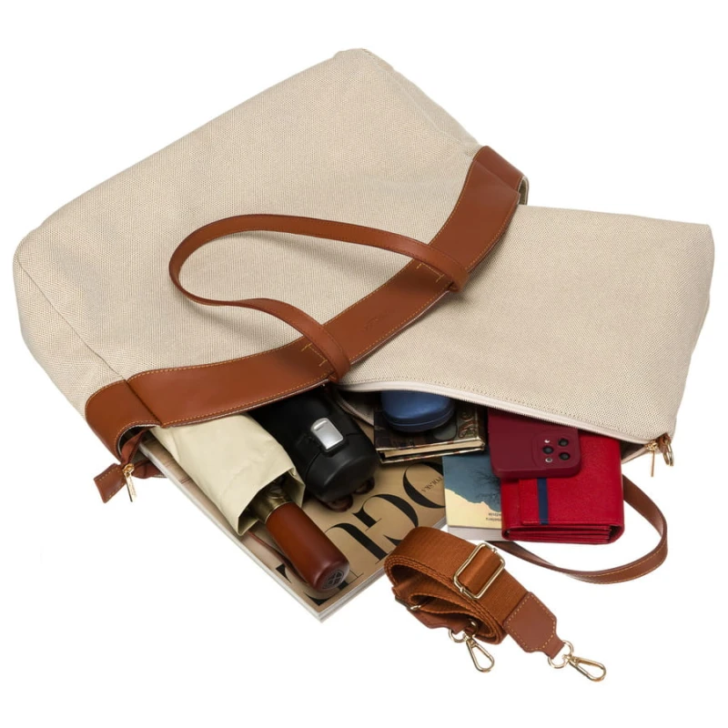 Duża torba damska wykonana ze skóry naturalnej i włókna poliamidowego w beżowo-brązowym kolorze - Peterson