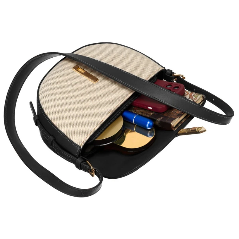 Listonoszka damska crossbody beżowo - czarna ze skóry naturalnej i płótna canvas Peterson