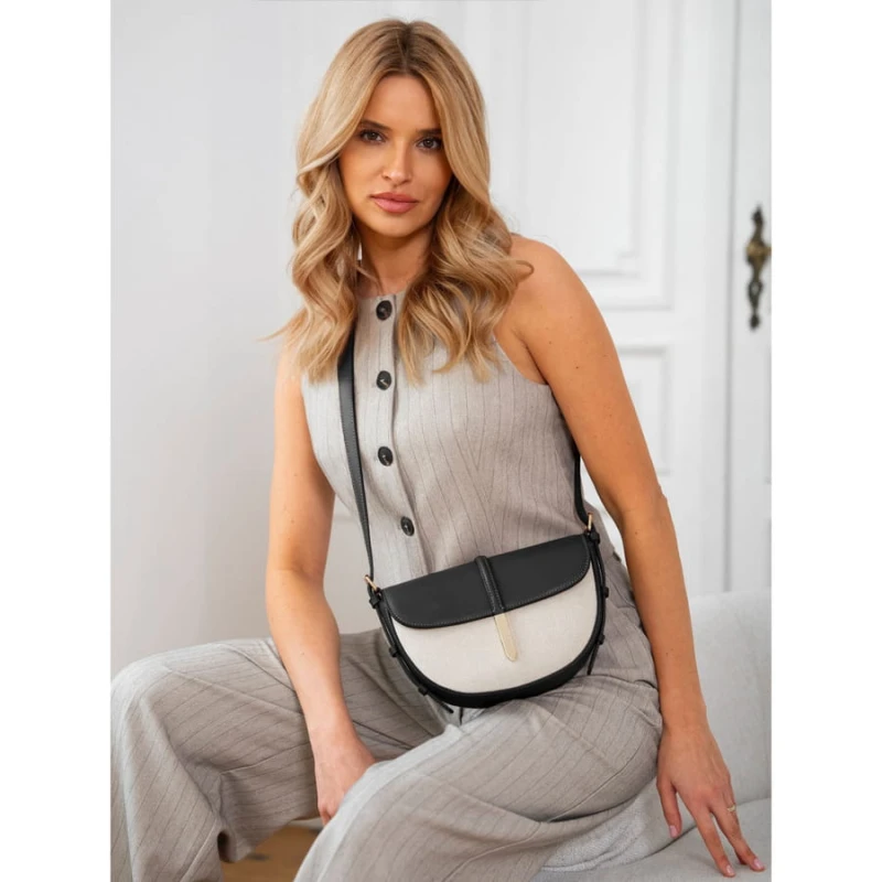 Listonoszka damska crossbody beżowo - czarna ze skóry naturalnej i płótna canvas Peterson