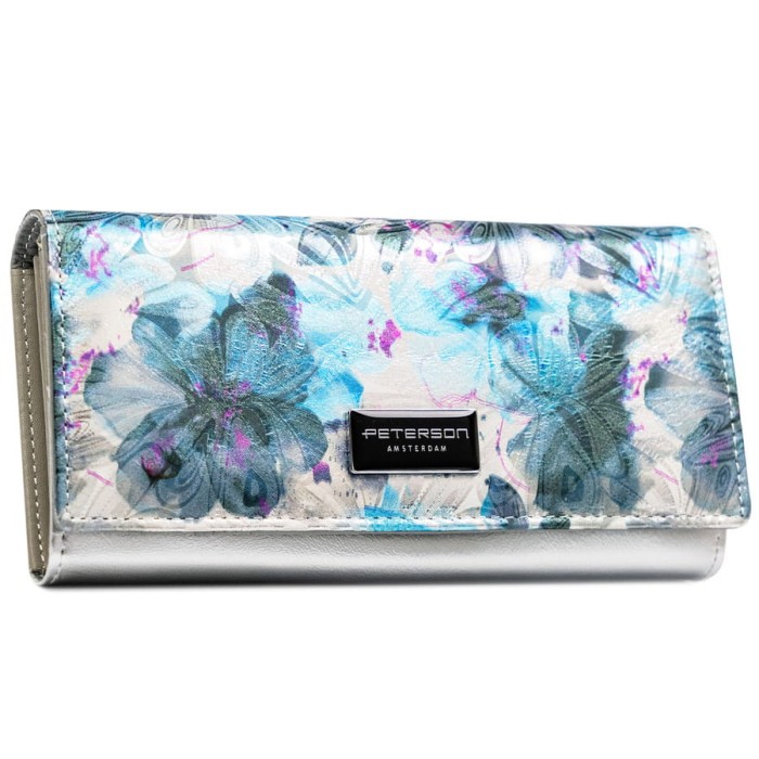 Wielokolorowy, duży portfel damski ze skóry ekologicznej i naturalnej zamykany zatrzaskiem - Peterson