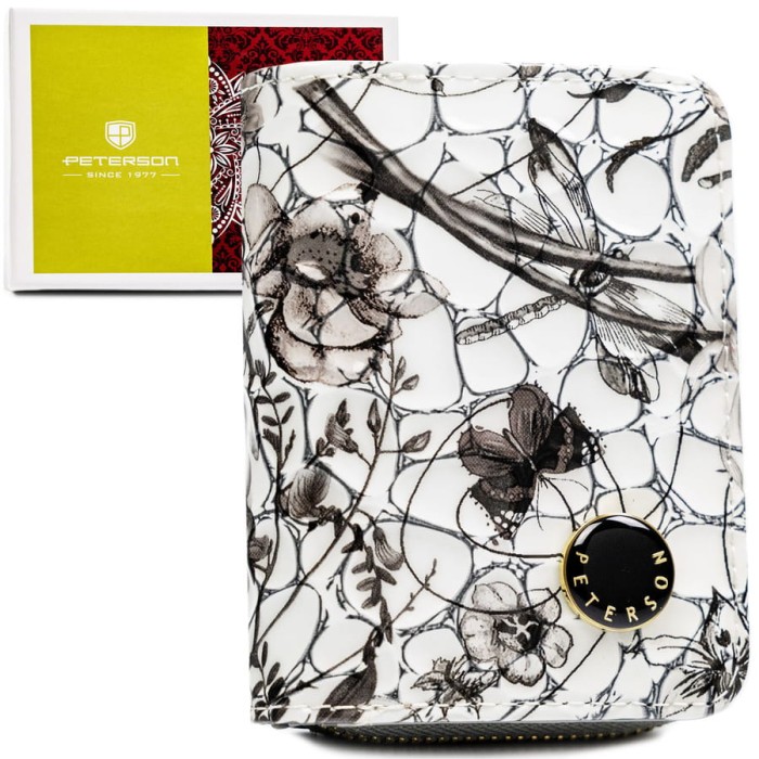 Poręczny portfelik damski ze skóry naturalnej w czarnym kolorze zamykany zatrzaskiem i suwakiem - Peterson