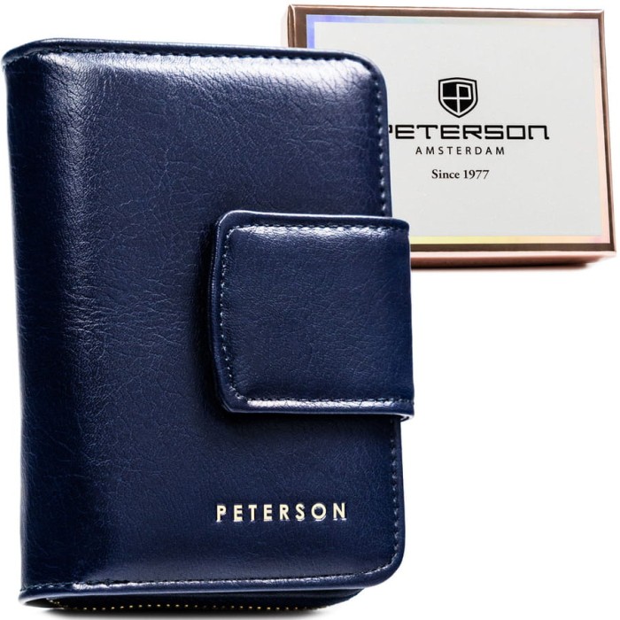 Granatowy portfel damski ze skóry ekologicznej z systemem RFID - Peterson