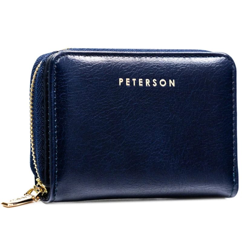 Mały, granatowy portfel damski ze skóry ekologicznej wyposażony w system RFID - Peterson