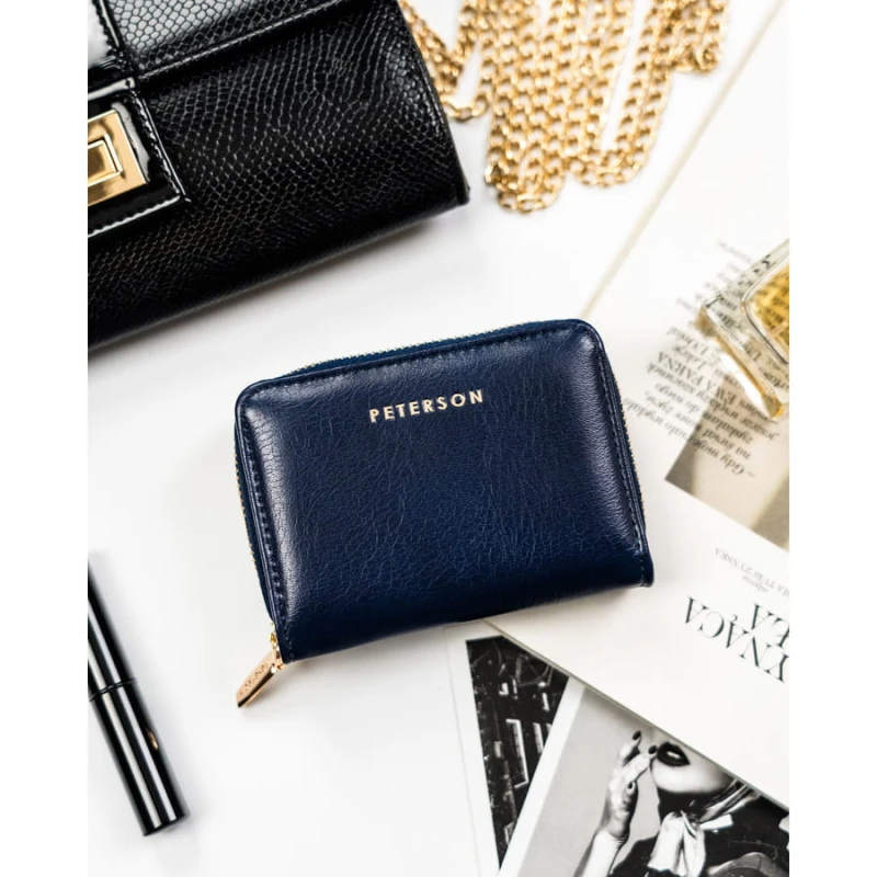 Mały, granatowy portfel damski ze skóry ekologicznej wyposażony w system RFID - Peterson