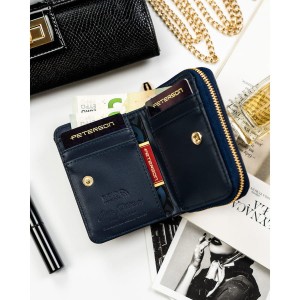 Mały, granatowy portfel damski ze skóry ekologicznej wyposażony w system RFID - Peterson