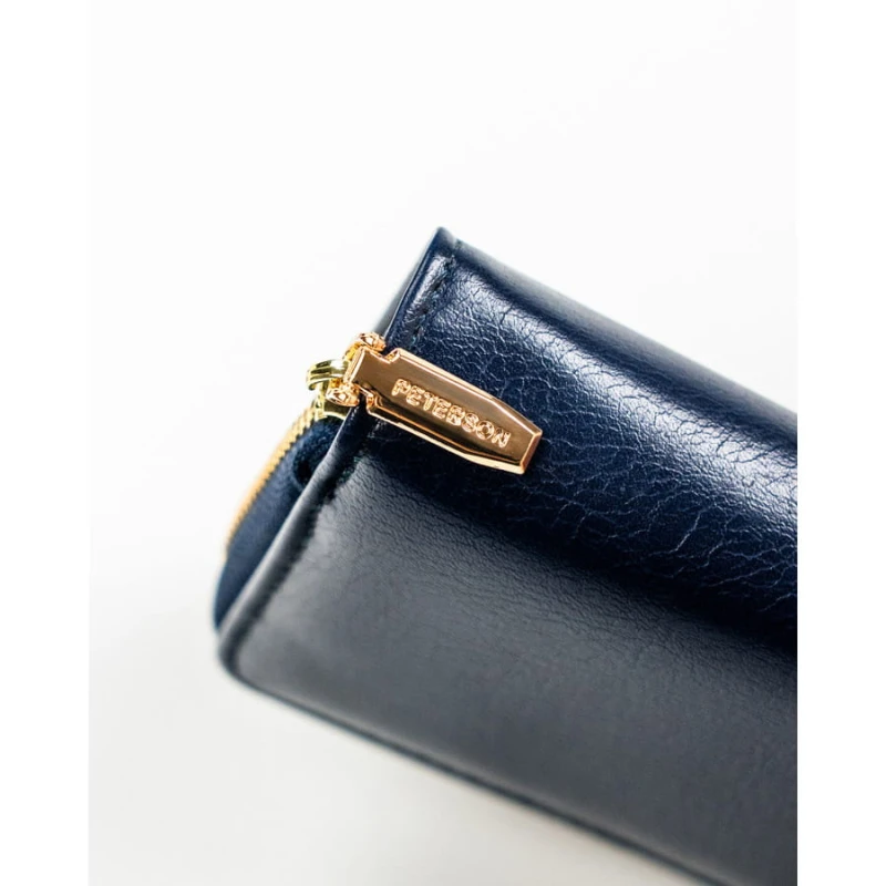 Mały, granatowy portfel damski ze skóry ekologicznej wyposażony w system RFID - Peterson