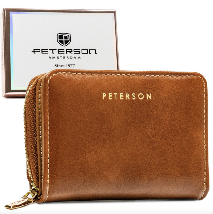 Brązowy portfel damski ze skóry ekologicznej zamykany na suwak i zatrzask - Peterson