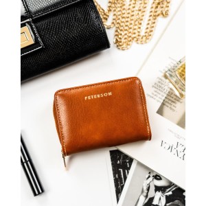Brązowy portfel damski ze skóry ekologicznej zamykany na suwak i zatrzask - Peterson