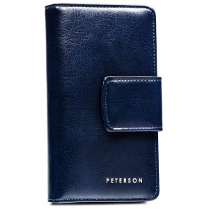 Portfel damski ze skóry ekologicznej zamykany na zatrzask i suwak. Portfel w granatowym kolorze - Peterson