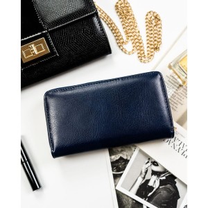 Portfel damski ze skóry ekologicznej zamykany na zatrzask i suwak. Portfel w granatowym kolorze - Peterson