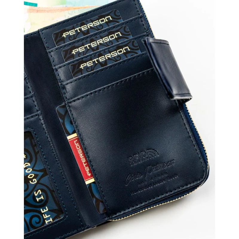 Portfel damski ze skóry ekologicznej zamykany na zatrzask i suwak. Portfel w granatowym kolorze - Peterson