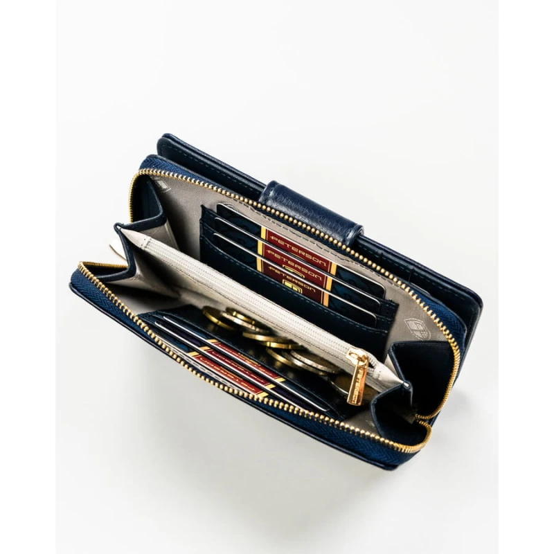 Portfel damski ze skóry ekologicznej zamykany na zatrzask i suwak. Portfel w granatowym kolorze - Peterson