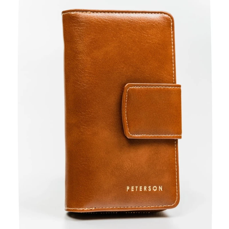 Brązowy, pionowy portfel damski ze skóry ekologicznej zamykany na zatrzask i suwak - Peterson