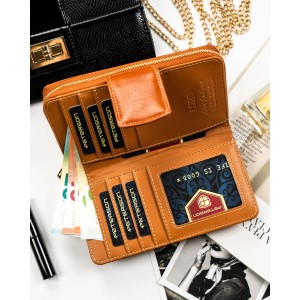 Brązowy, pionowy portfel damski ze skóry ekologicznej zamykany na zatrzask i suwak - Peterson