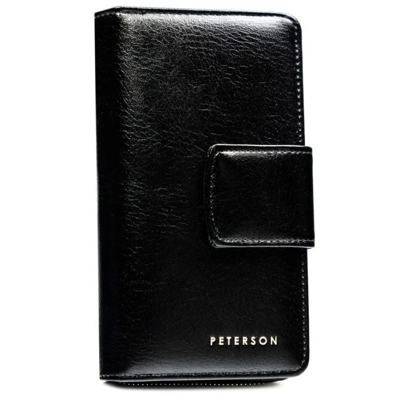 Duży, pionowy portfel damski ze skóry ekologicznej w czarnym kolorze - Peterson