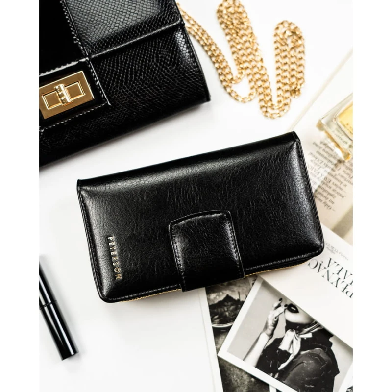 Duży, pionowy portfel damski ze skóry ekologicznej w czarnym kolorze - Peterson