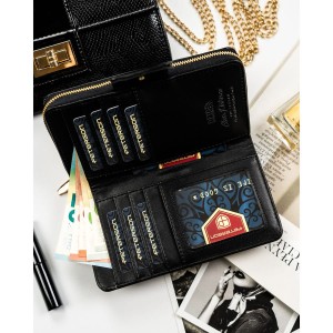 Duży, pionowy portfel damski ze skóry ekologicznej w czarnym kolorze - Peterson