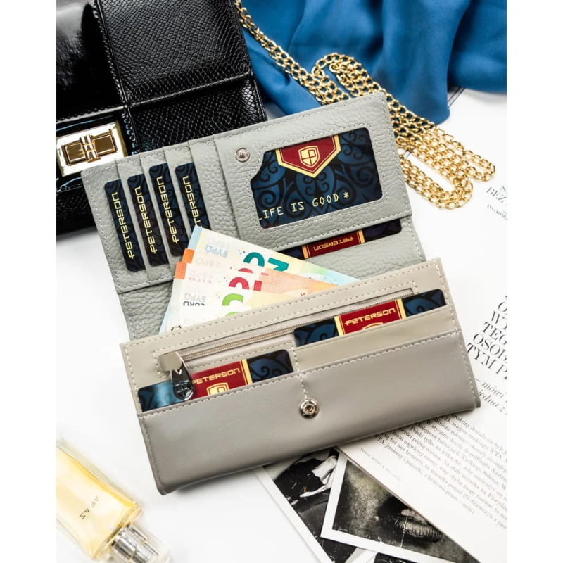 Duży, biały portfel damski ze skóry ekologicznej i naturalnej z systemem RFID - Peterson