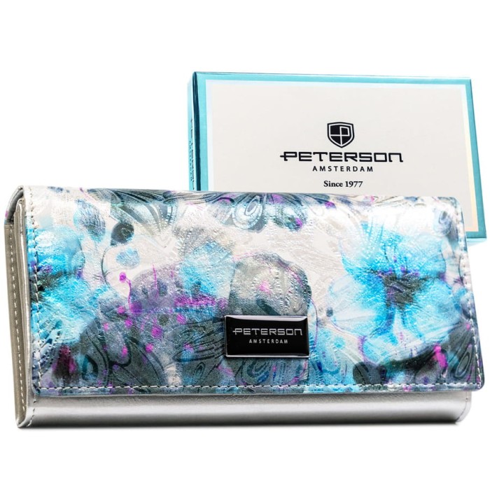 Wielokolorowy portfel damski w orientacji poziomej zamykany na zatrzask - Peterson