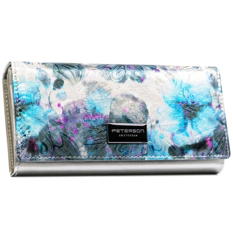 Wielokolorowy portfel damski w orientacji poziomej zamykany na zatrzask - Peterson