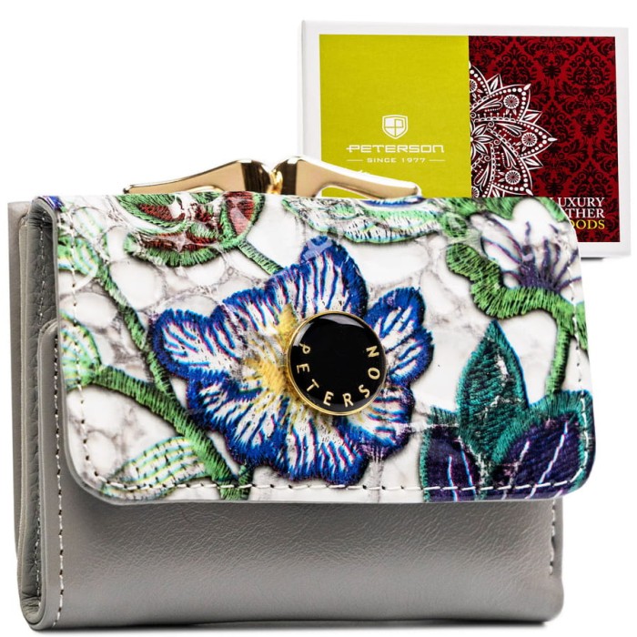 Wielokolorowy portfelik damski ze skóry naturalnej w kwiaty zamykany biglem i zatrzaskiem - Peterson