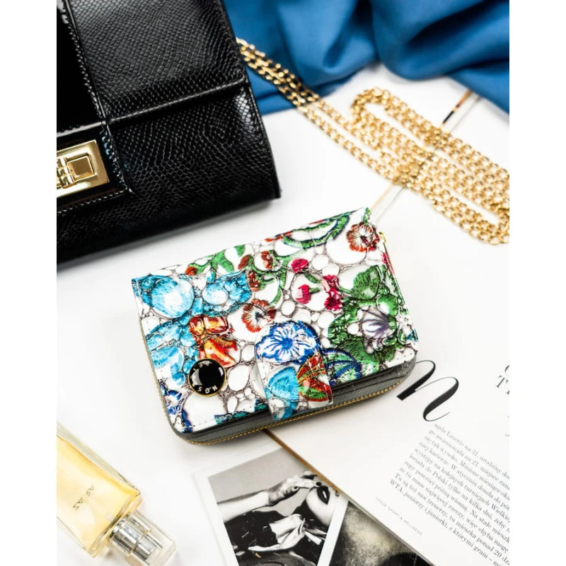 Wielokolorowy, pionowy portfel damski ze skóry naturalnej zamykany zatrzaskiem i suwakiem - Peterson