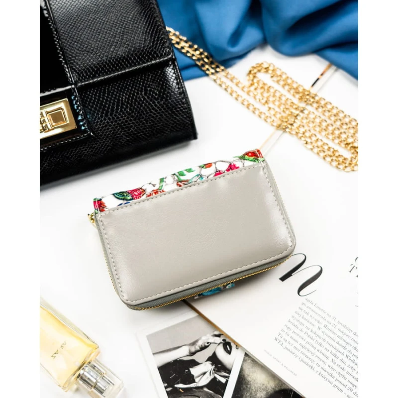 Wielokolorowy, pionowy portfel damski ze skóry naturalnej zamykany zatrzaskiem i suwakiem - Peterson