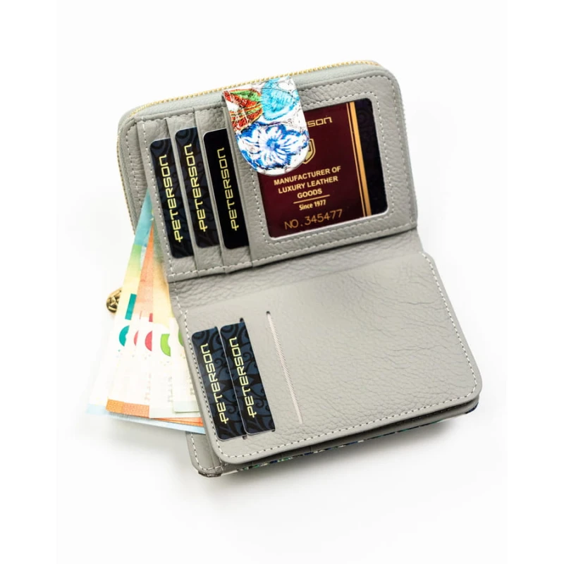 Wielokolorowy, pionowy portfel damski ze skóry naturalnej zamykany zatrzaskiem i suwakiem - Peterson