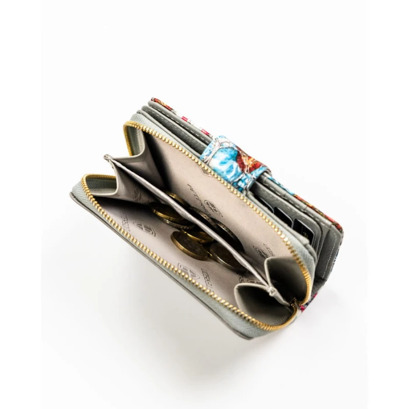 Wielokolorowy, pionowy portfel damski ze skóry naturalnej zamykany zatrzaskiem i suwakiem - Peterson