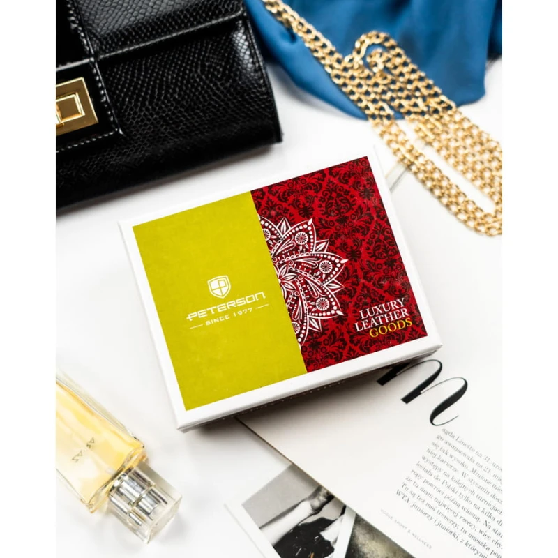 Wielokolorowy, pionowy portfel damski ze skóry naturalnej zamykany zatrzaskiem i suwakiem - Peterson