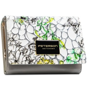 Zielony portfel damski ze skóry naturalnej z systemem RFID ozdobiony kwiatowym wzorem - Peterson