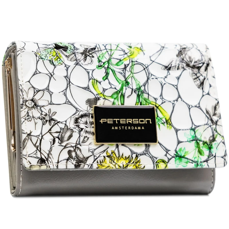 Zielony portfel damski ze skóry naturalnej z systemem RFID ozdobiony kwiatowym wzorem - Peterson