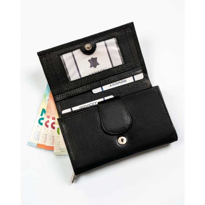 Skórzany, pojemny portfel damski w czarnym kolorze wyposażony w system RFID - Rovicky
