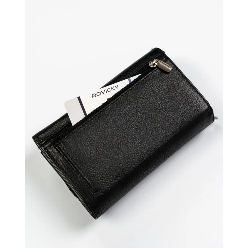 Skórzany, pojemny portfel damski w czarnym kolorze wyposażony w system RFID - Rovicky
