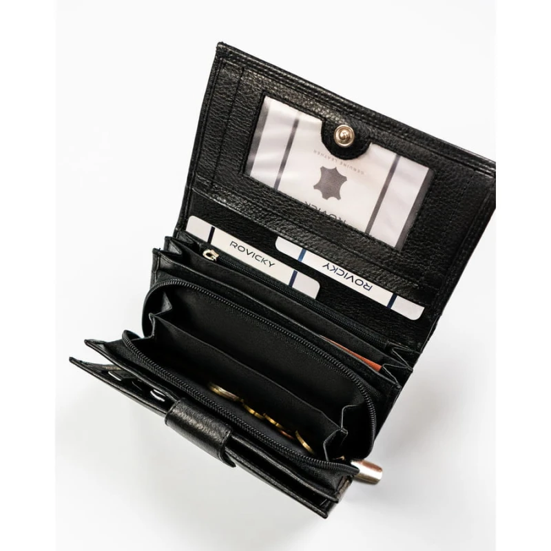 Skórzany, pojemny portfel damski w czarnym kolorze wyposażony w system RFID - Rovicky