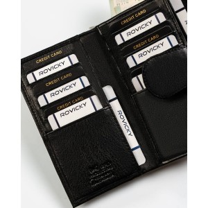 Skórzany, pojemny portfel damski w czarnym kolorze wyposażony w system RFID - Rovicky