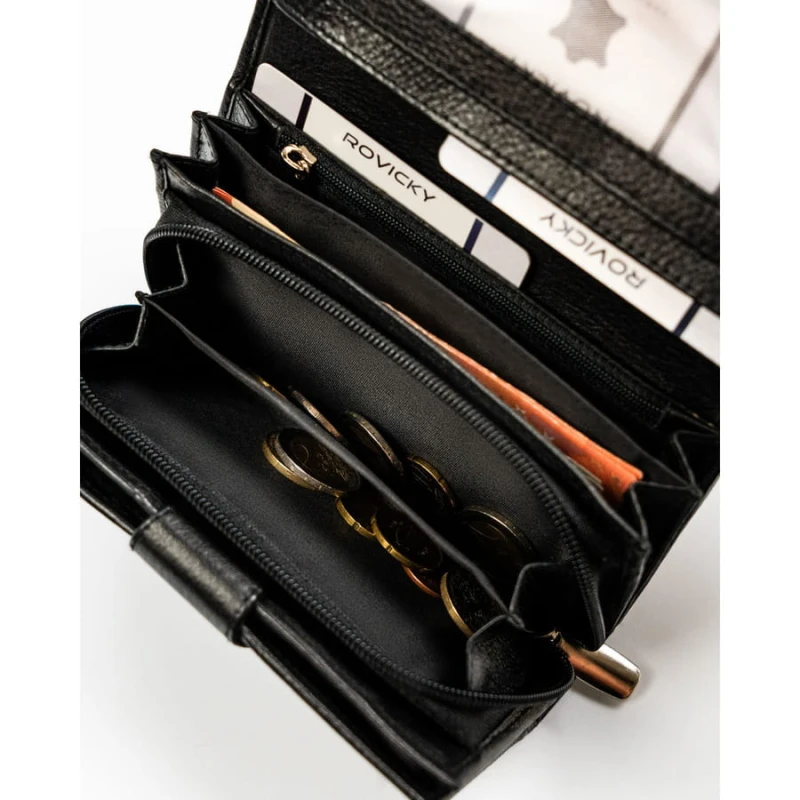 Skórzany, pojemny portfel damski w czarnym kolorze wyposażony w system RFID - Rovicky