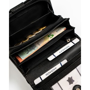 Skórzany, pojemny portfel damski w czarnym kolorze wyposażony w system RFID - Rovicky