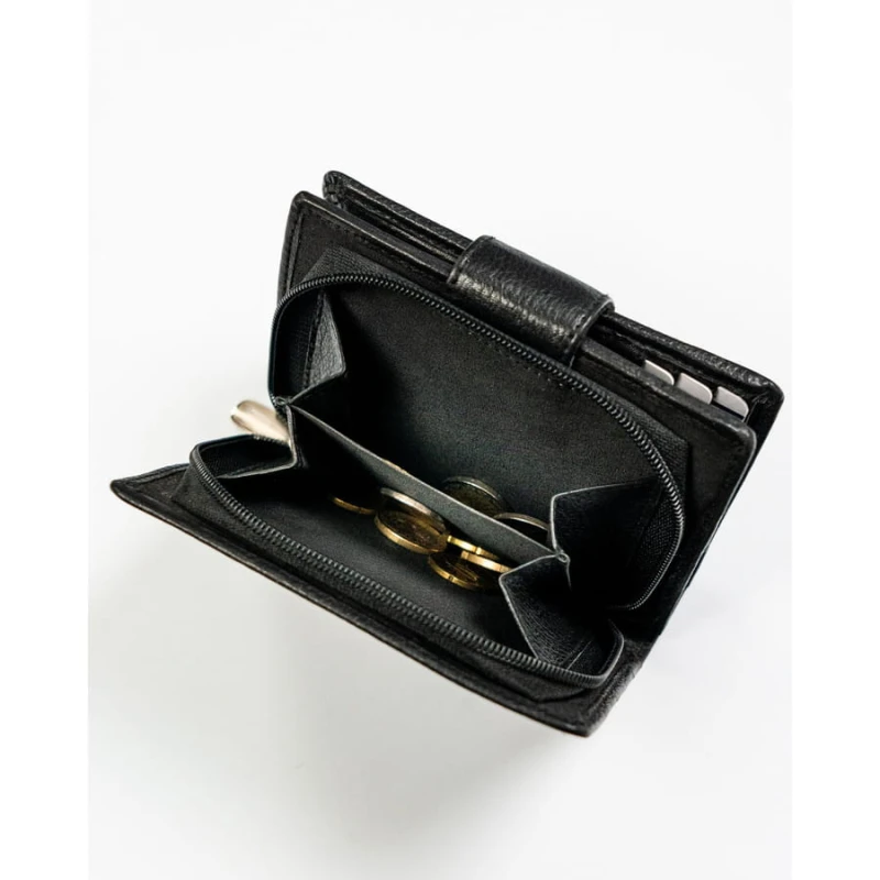 Czarny, skórzany portfel damski w orientacji pionowej zamykany na zatrzask - Rovicky