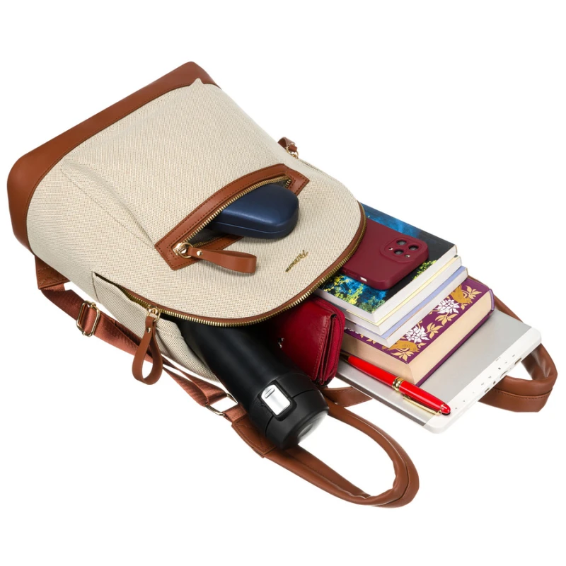 Duży, miejski plecak damski w beżowo-brązowym kolorze z kieszonką zewnętrzną - Peterson